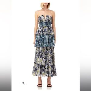 AMUR Blue and Green Floral Strapless Dress